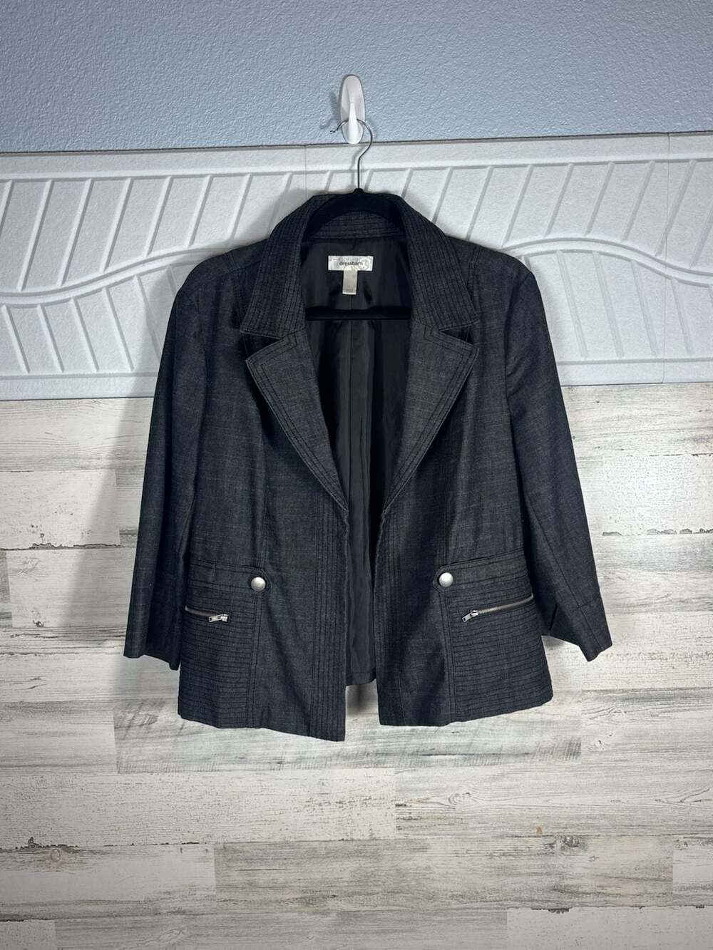 Dressbarn Women's Charcoal Grey Textured Zip-Pocket Blazer Jacket